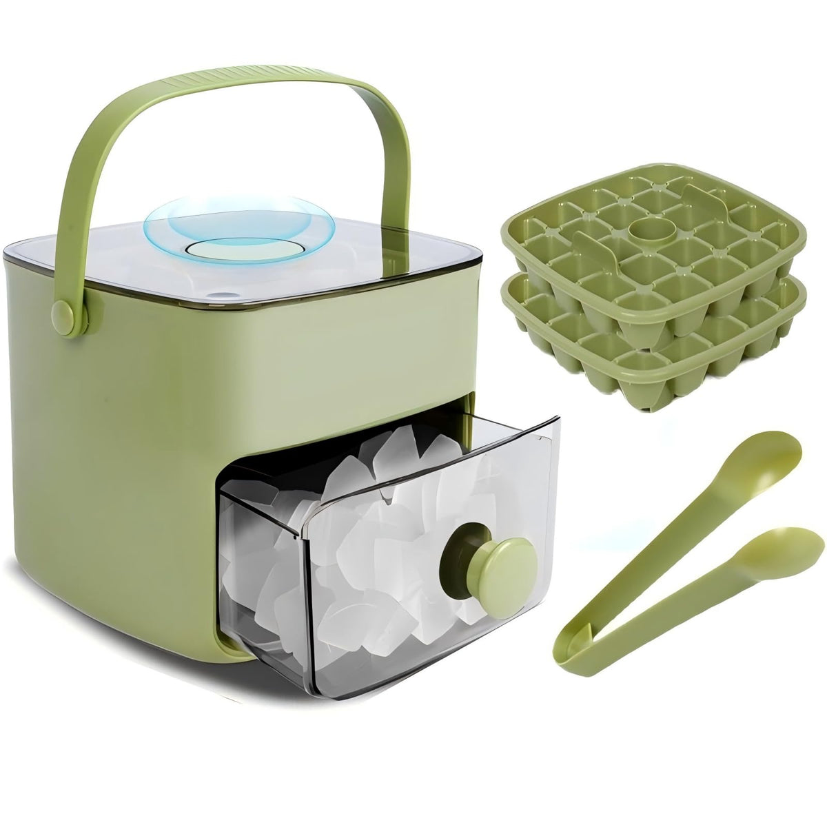 Ice Cube Tray with Lid & Bin Ice Maker Ice Trays for Freezer Ice Container- Reusable Ice Mold for Whiskey, Cocktail, Coffee, Beer Drinks with Ice Trays Ice Tongs (Green)