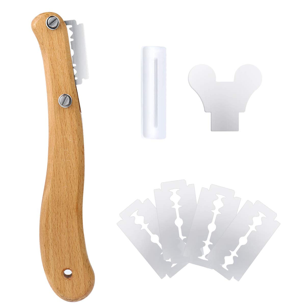 Healeved Bread Lame Dough Scoring Tool Van Wooden Handle 5 Blades, Creative Bread Scoring Tool Bread Slicer Cake Cutter, Acid Dough Bread Blades with Protector Cover