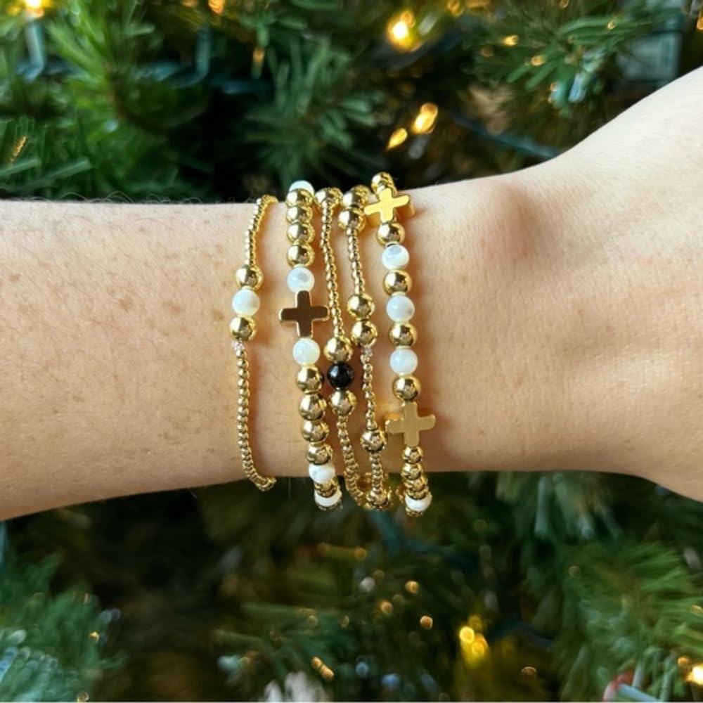 Bohxantium Gold Cross Beaded Bracelets for Women Handmade Boho Stretch Stackable 14K Gold Plated Glass Round Beads Ball Bracelet Stack Non Tarnish Trendy Jewelry Set Accessories Christian Gift