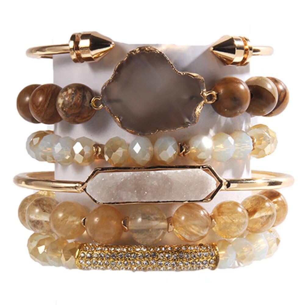 Yomisa 6PCS Natural Boho Beaded Bracelets Bangle for Women,Healing Turquoise Tiger eyes Agate Crystal Gemstone Stone Diamond Chakra Multi Wrap Bohemian Handmade Jewelry Beads Stretch Bracelet Set
