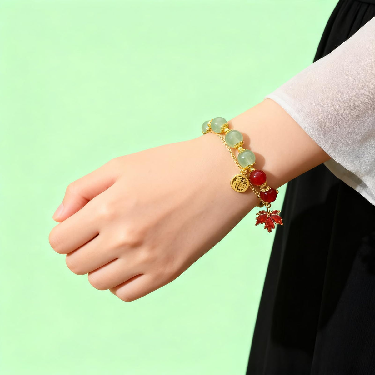 XIAOMOJEW Jade Beaded Bracelets for Women Fall Maple Pendant Bangle Bracelets Chinese Style Bangle Lucky Boho Jewelry (G Maple B)