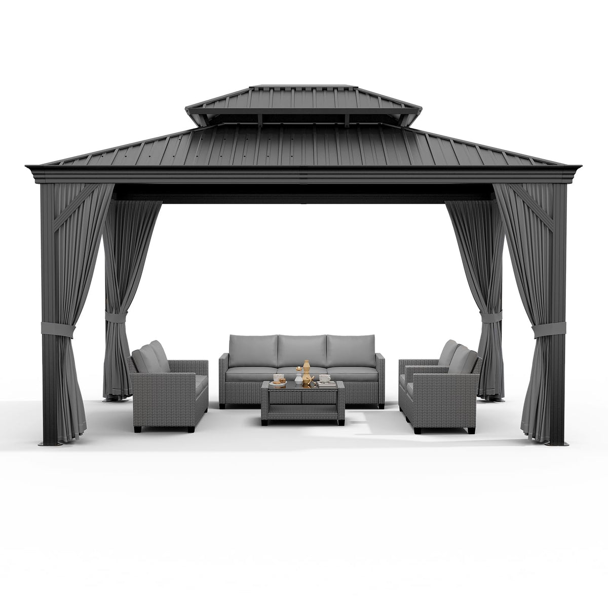 12x18 FT Hardtop Gazebo, Heavy Duty Iron Double Roof Outdoor Pavilion with Mosquito Netting and Privacy Curtains, Waterproof UV Protection for Patio Garden Backyard Deck