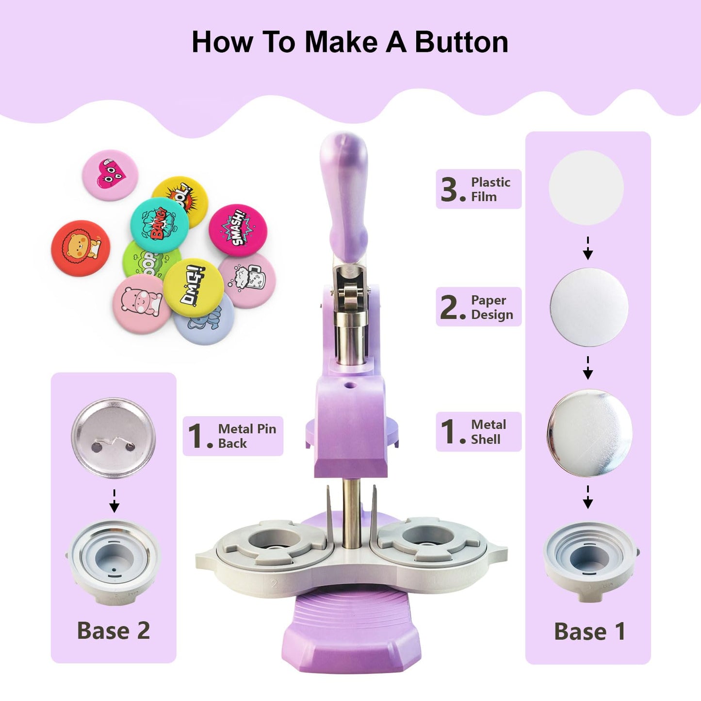 YiiYiiGO Button Maker Machine Multiple Sizes, 1+1.25+2.25 inch Installation-Free Pin Maker Machine, Ideal Pin Press for Kids DIY with Free 300 Sets 25+32+58mm Button Making Supplies(Purple)