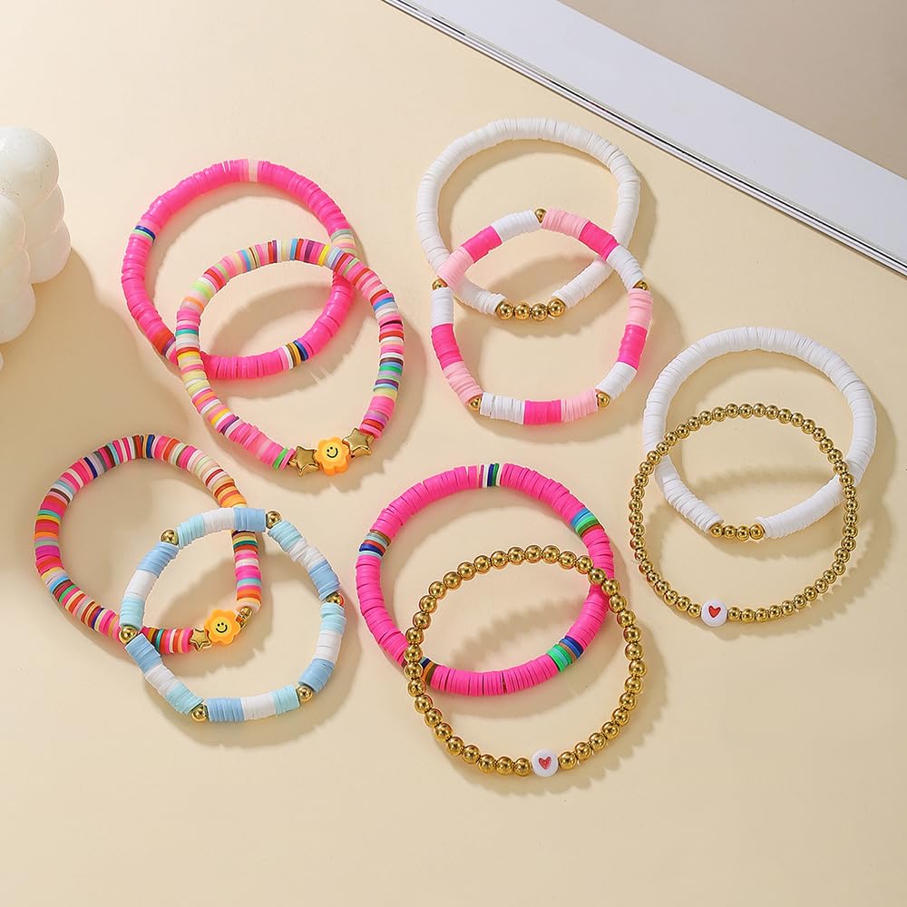YEOSMINE Boho Heishi Clay Beaded Stretch Bracelets Stack For Women, Preppy Teens Friendship Gold Bracelets Cute Beach Surfer Accessories Bulk Set Trendy Fashion Jewelry