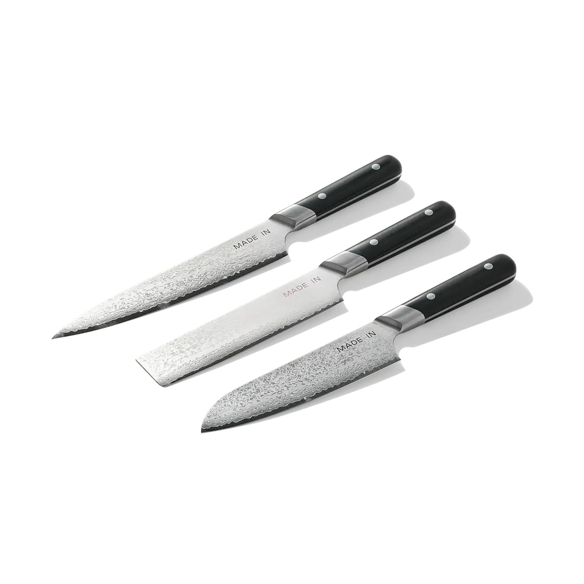 Made In Cookware | 3-piece Japanese Damascus Steel Knife Set (Includes Gyuto, Nakiri and Santoku) | 66 Layers of Damascus Steel with a VG-10 Core | Crafted in Japan | Full Tang With Black POM Handle