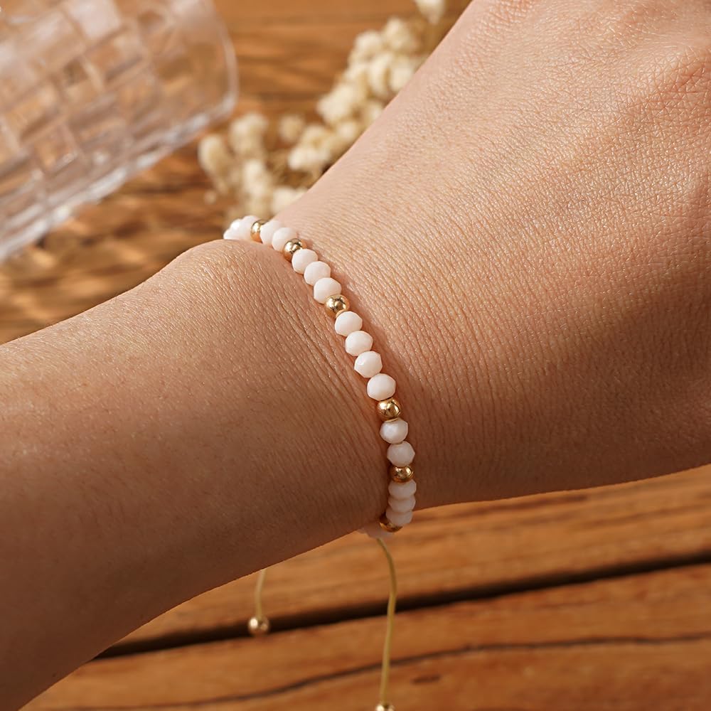 Opalencian Gold Plated Beaded Drawstring Adjustable Bracelet for Women, White Beads Bracelets Charm Couple Handmade Fashion Jewelry Gift
