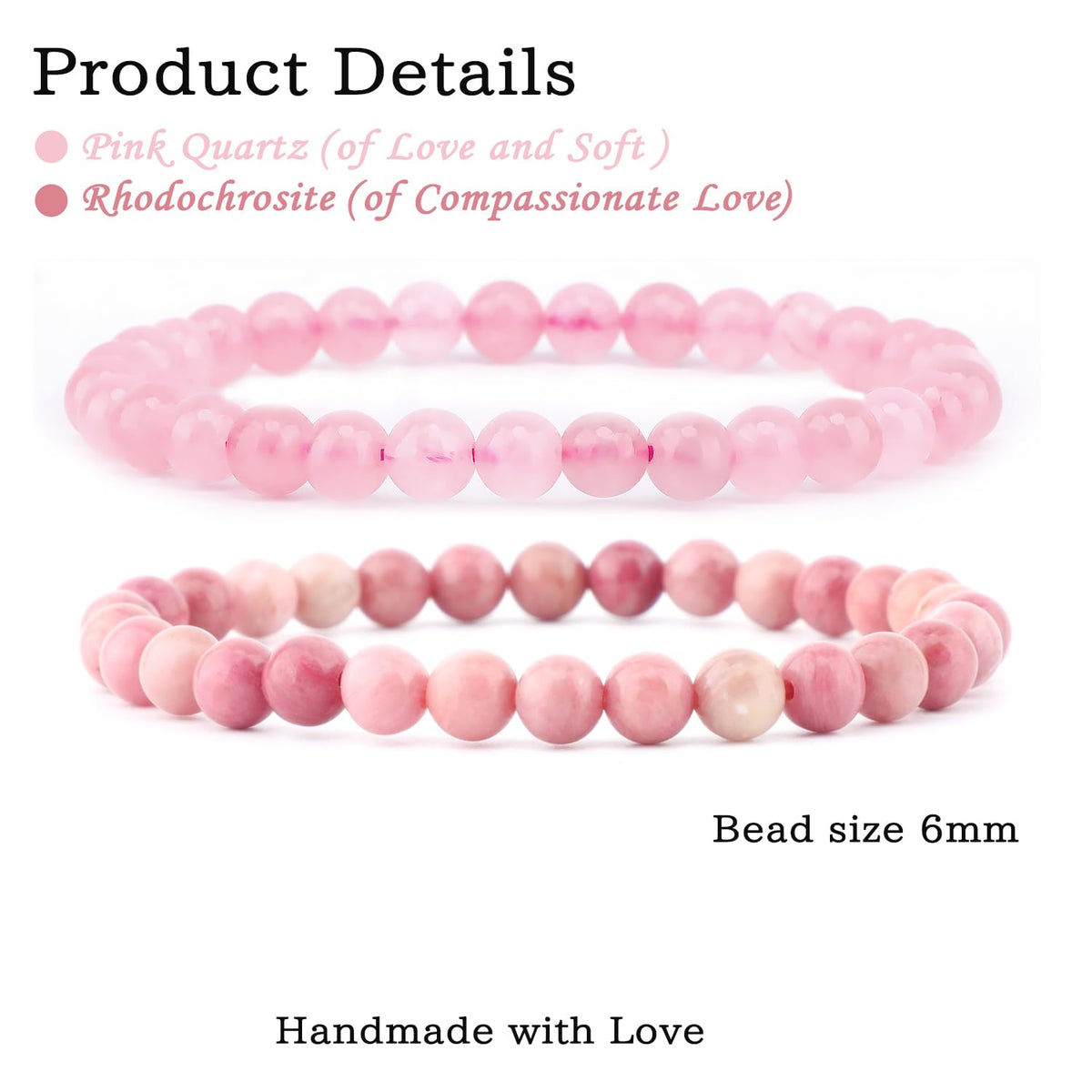 NCB 2-Piece 6mm Natural Crystal Gemstone Stretch Bracelets – ﻿Pink Quartz, Rhodochrosite Handmade Reiki Energy Healing Jewelry for Meditation,Yoga, Unisex