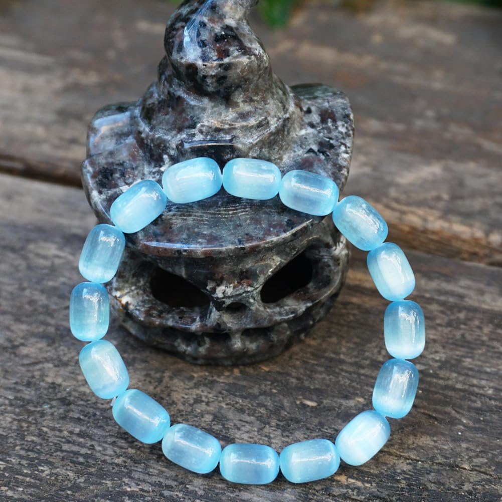 TaHLga Natural Selenite Crystal Bracelet for Women Men | 8x12mm Blue Plated Cylinder Beads | Authentic Stone with Leather Pouch, Gift Box & Repair Kit | Fits 7.5 inch Wrist
