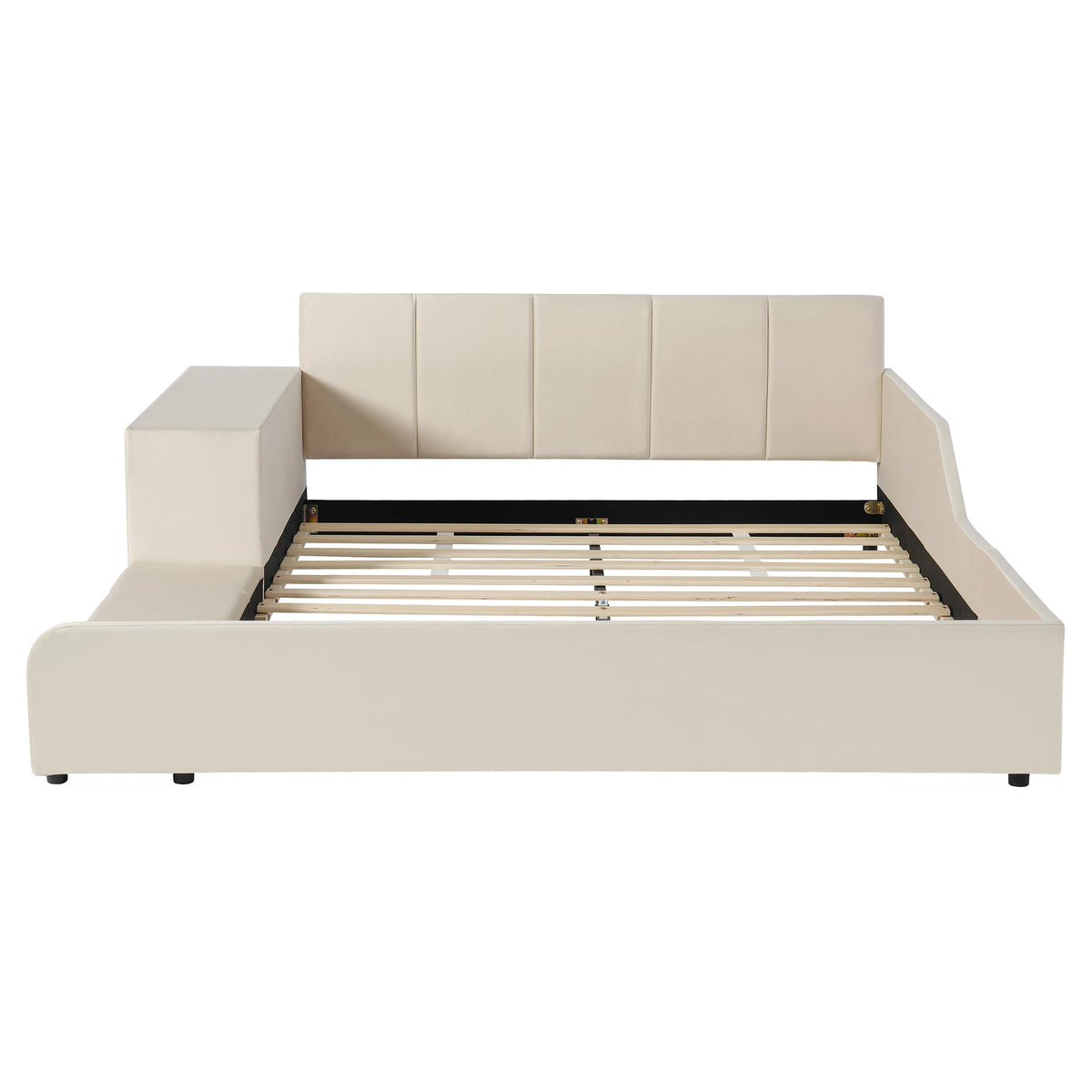 Merax Queens Size Velvet Bed Frames Upholstered Grounded Bed, Wooden Mother & Child Bed with Bedside Desk and Little Round Stool,Kids Adults Bedroom Floor Platform Bed,Beige