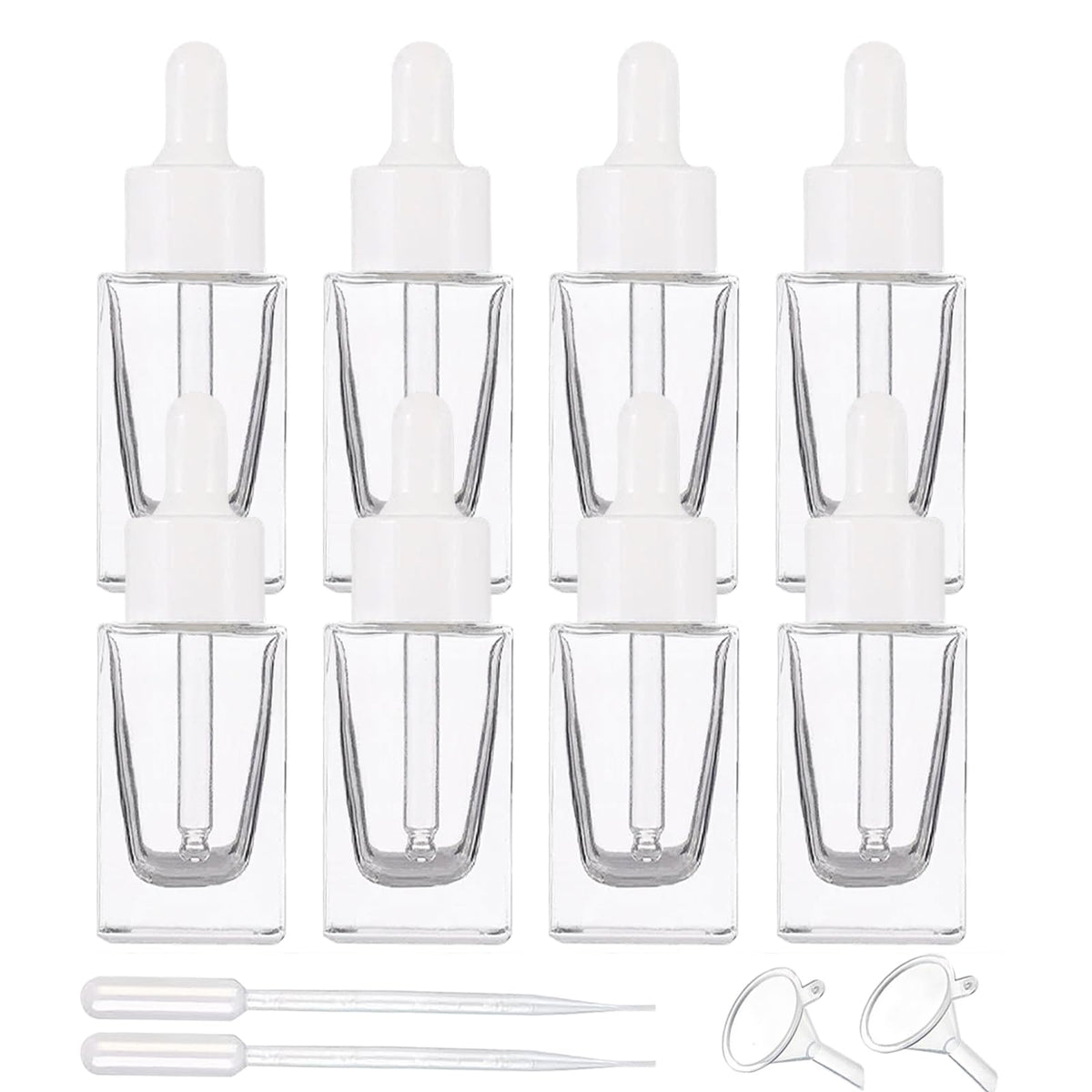 ZSAEYPHE 8 Pack Clear Square Glass Dropper Bottle 30ml Square Glass Essential Oil Bottles Refillable Vial Container for Perfume Travel(Clear-White Lids)
