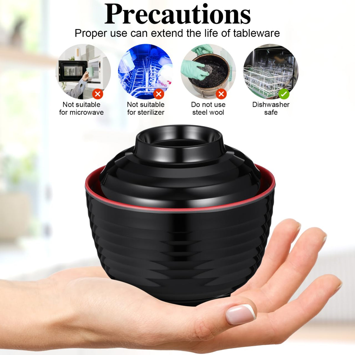 Luxshiny 3 Set Japanese Style Miso Soup Bowls Lids Bowls Hot Pot Rice Noodles Salad Traditional Lacquered Design Microwave Dishwasher Safe