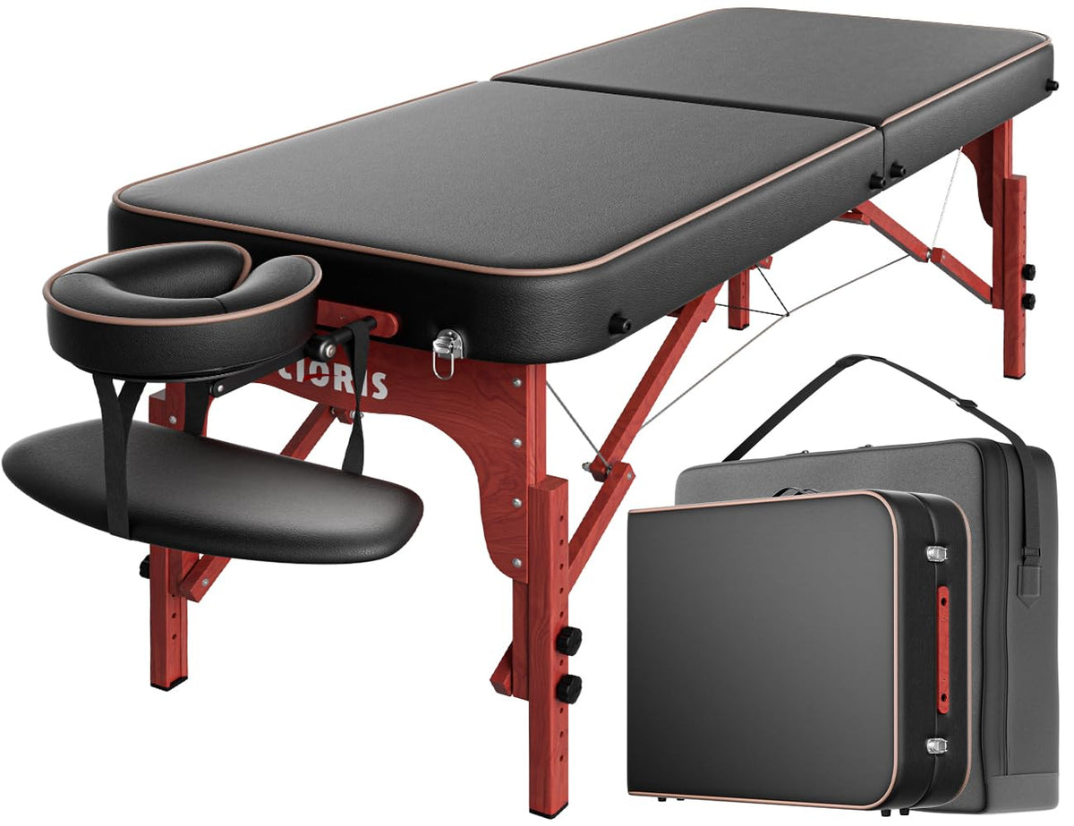 CLORIS 84" Professional Massage Table Portable Reinforced Wooden Leg Hold Up to 1100LBS 2 Folding Lightweight Spa Salon Tattoo Massage Bed Height Adjustable with Carrying Bag - Black
