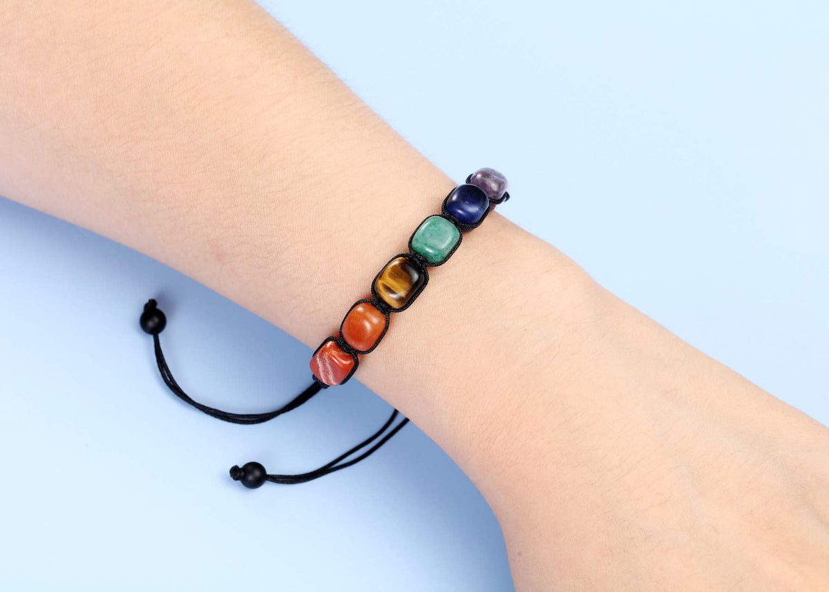 Jovivi 7 Chakra Reiki Healing Crystal Stretch Bracelet Natural Gemstone Energy Balancing Yoga Beads Bracelet Braided Rope for Women Men