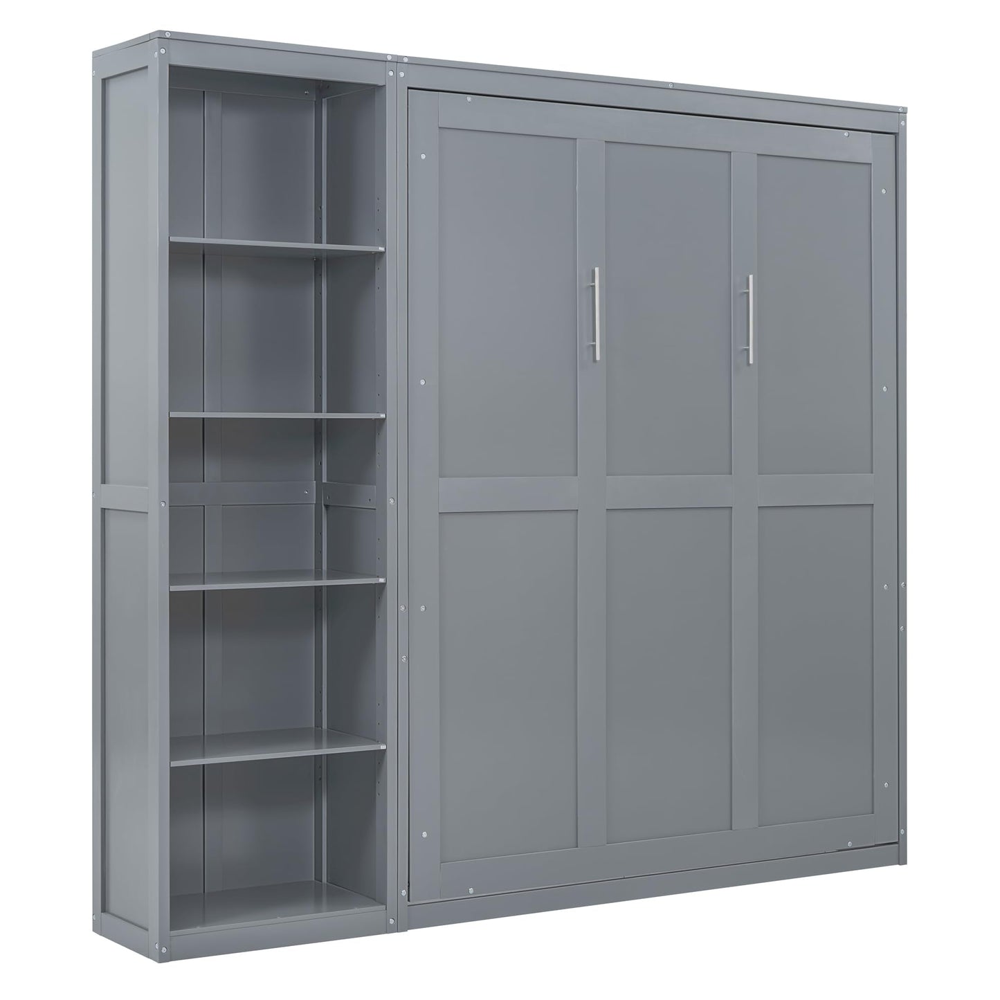 Merax Space-Saving Gray Murphy Bed Queen Size with Adjustable Storage Shelves, Multifunctional Foldable Wall Bed for Small Spaces Studio Study Office Guest Room