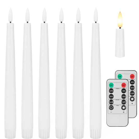 Flameless Taper Candles with 3D Wick, 9.6" Real Wax LED Candles with 2 Remote and Timer, 6 Pack Flickering Candlesticks Battery Operated, Classic Tall Taper Candle for Home, Wedding, Party, White