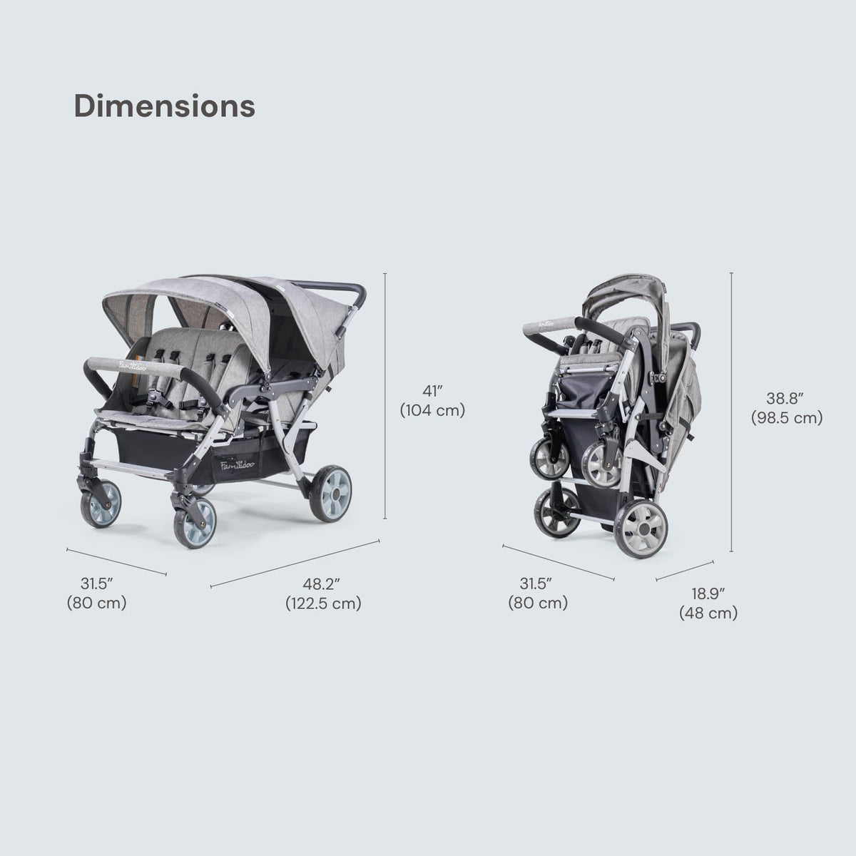 Familidoo H4E Quad Stroller Wagon for Kids, 4-Seater Daycare Baby Stroller with 5-Point Safety Harness, Lightweight & Foldable with All Reclining Seats, Double Canopy & Rain Cover (Gray)