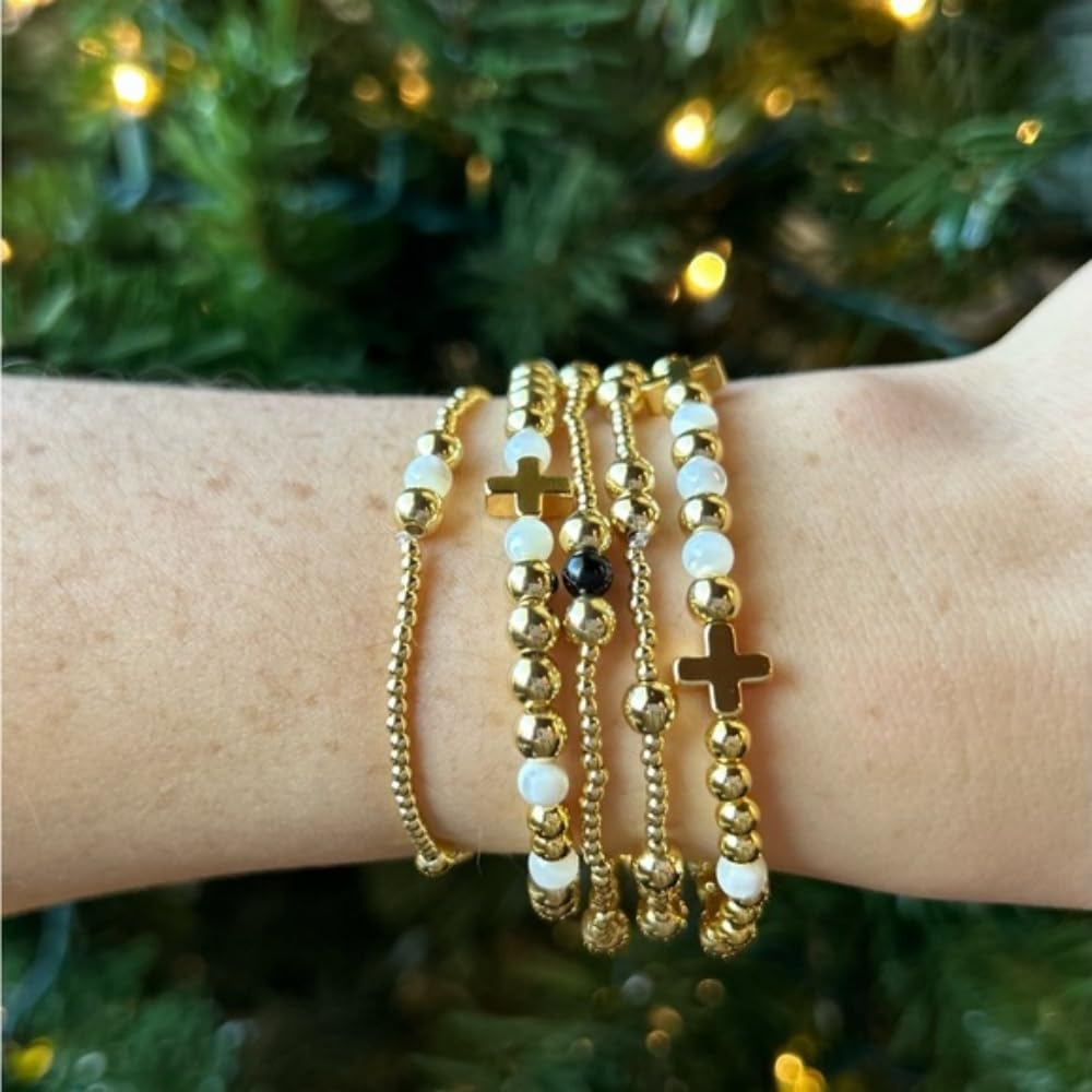 Bohxantium Gold Cross Beaded Bracelets for Women Handmade Boho Stretch Stackable 14K Gold Plated Glass Round Beads Ball Bracelet Stack Non Tarnish Trendy Jewelry Set Accessories Christian Gift