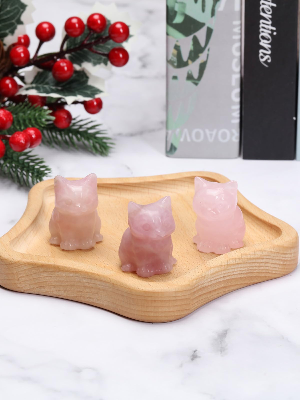 CrystalTears Rose Quartz Crystal Cat Figurine Carved Healing Crystal Gemstone Cat Lucky Cute Stone Cat Statue for Home Office Desk Meditation Decor Crystal Gifts for Women Men Cat Lover Christmas