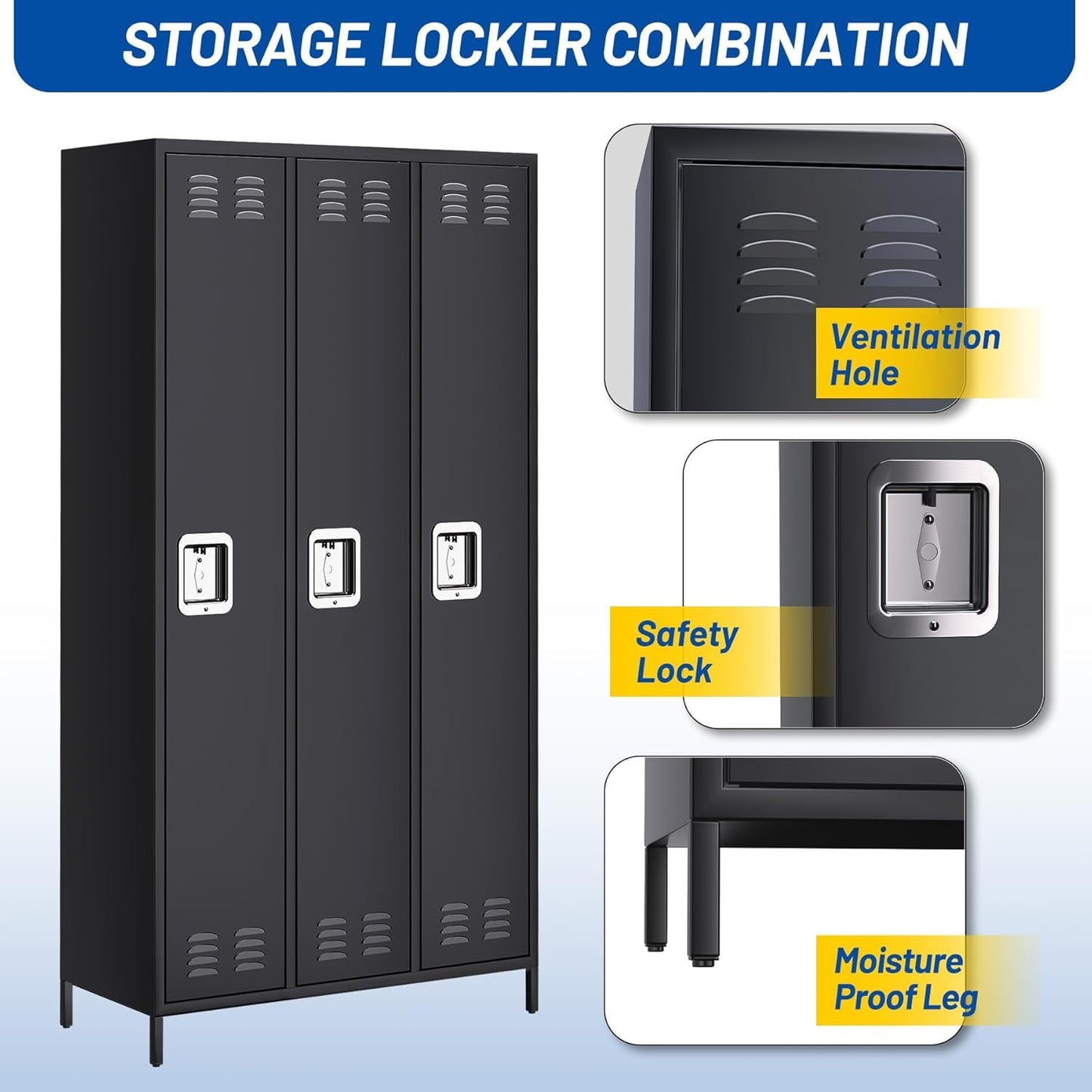 GarveeTech Metal Storage Locker with 3 Doors, Metal Locker for Employees with 9 Hooks for Garage School Office Gym Home, Assembly Required, Black