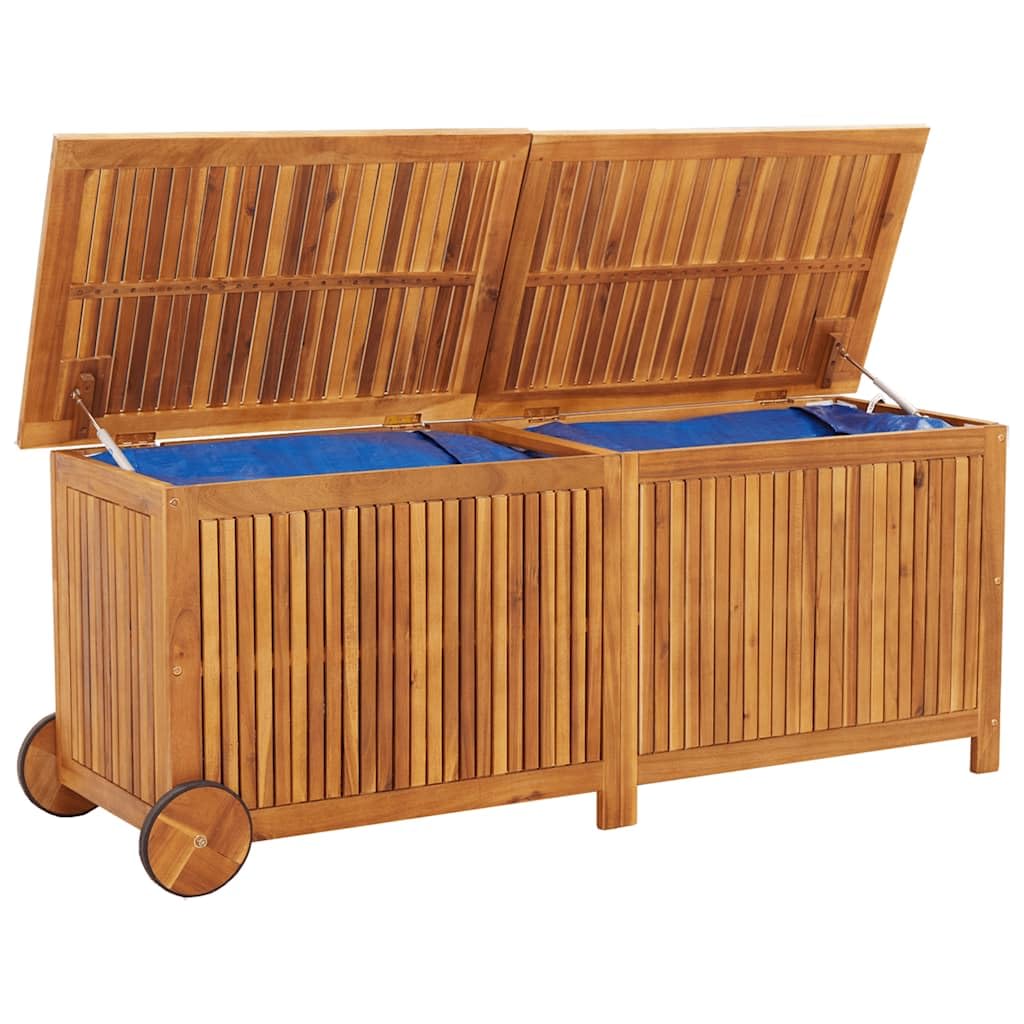 Kalmrek Patio Storage Box with Wheels Solid Acacia Wood 59.1"x19.7"x22.8" Zippered Inner Bag Outdoor Deck Garden Yard Porch Storage Chest Bench for Cushions Toys Tools