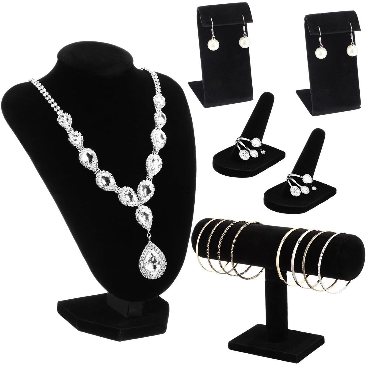 Wenqik 6 Pcs Velvet Jewelry Display Set Velvet Necklace Mannequin Bust Stand T Bar Bracelet Holder 2 Earring Stand 2 Ring Finger Jewelry Holder for Home Decor Showcase