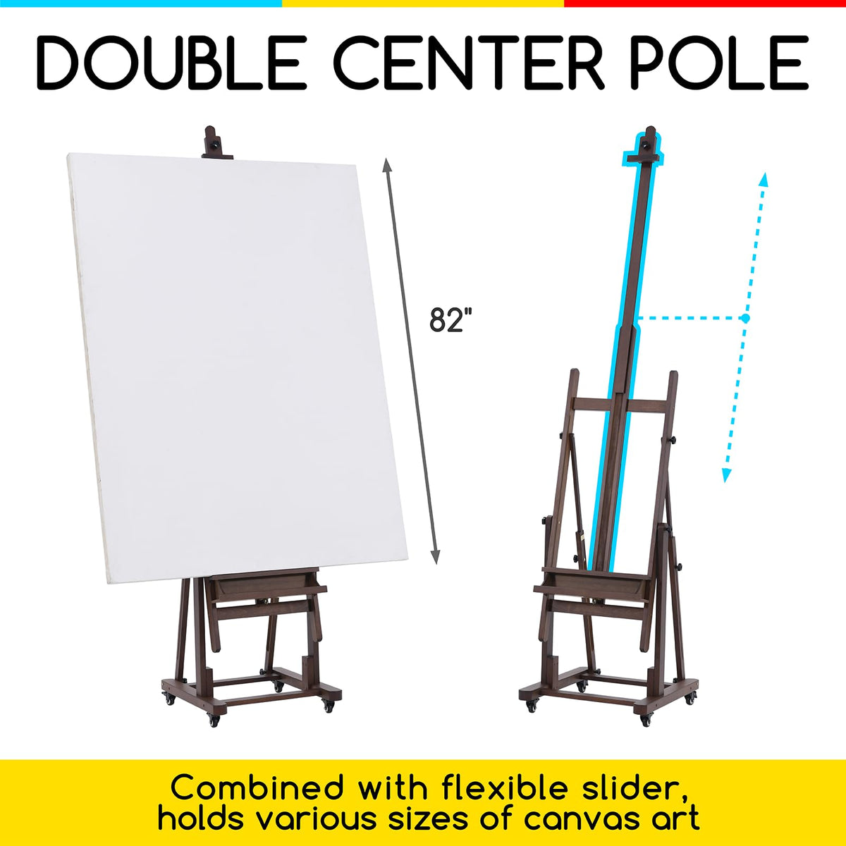 MEEDEN Extra Large H-Frame Studio Easel - Solid Beech Wooden Artist Professional Heavy-Duty Easel, Painting Art Easel Stand with 4 Premium Locking Silent Caster Wheels, Hold Max 82", Walnut