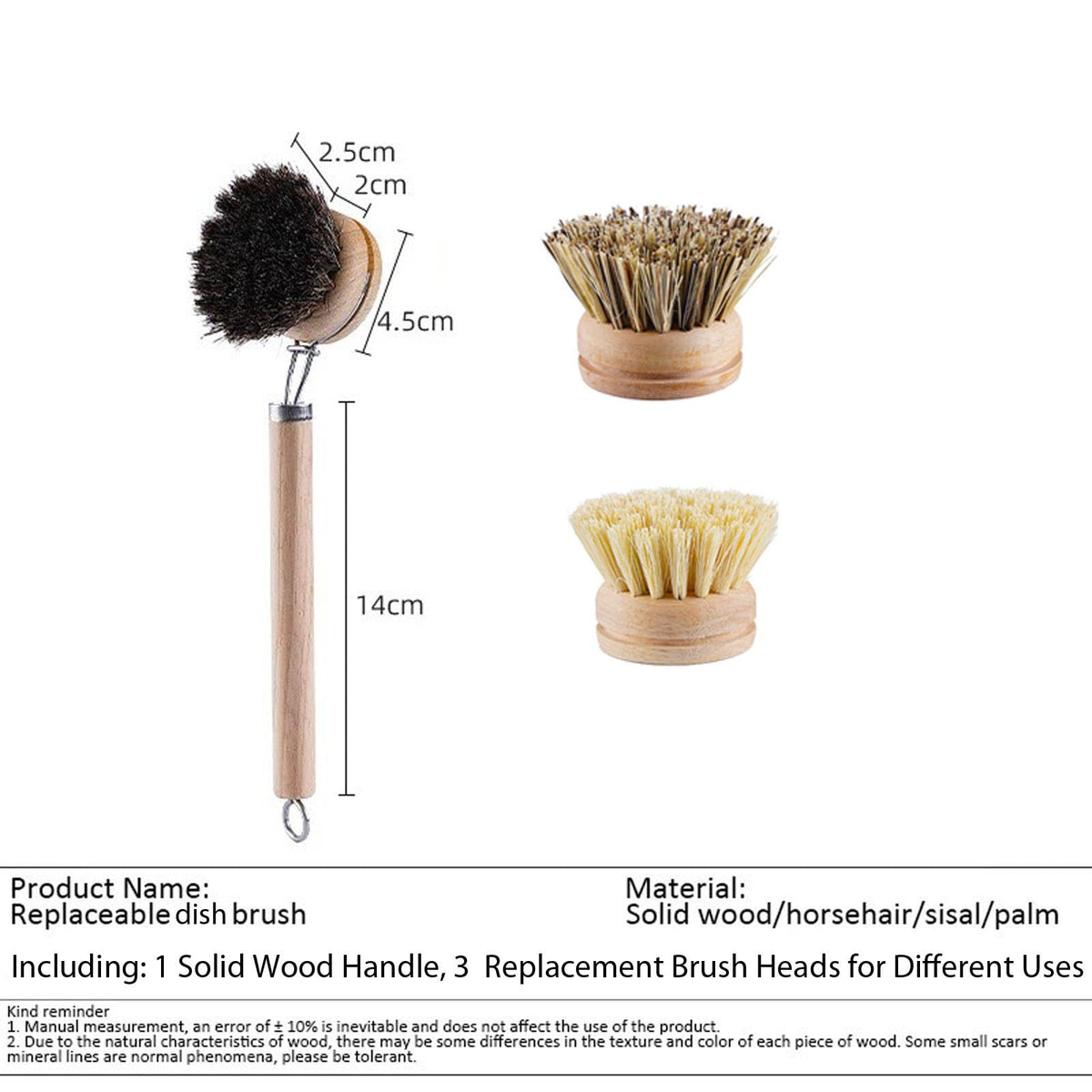 SUPRNN Bamboo Dish Brush with Handle, 1 Sturdy Wooden Handle with 3 Natural Bristle Heads, Horsehair, Sisal, Palm - All Purpose Kitchen Scrubber, Bamboo Wok Brush, Fruit and Veggie Scrubber