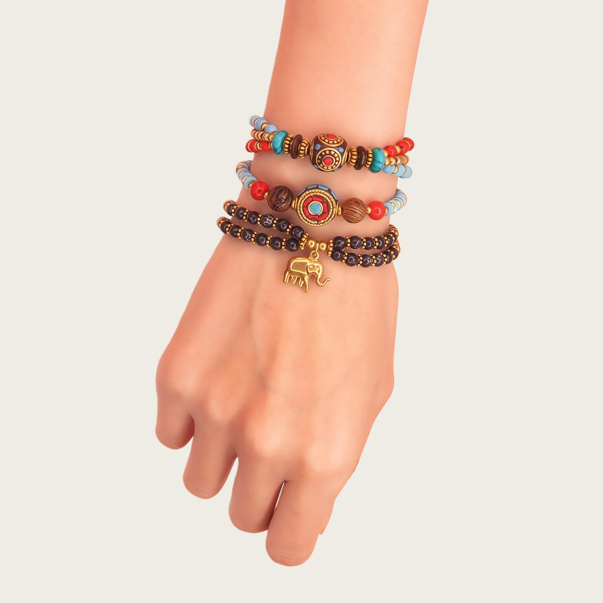 Petite Adjustable Boho Bracelet for Small Wrists - Handmade Nepalese Buddhist Prayer Bracelet with Elephant Charm, Brass Bell, Turquoise Stone & Tibetan Mantra Beads, Spiritual Gift (Black, 3Pcs)