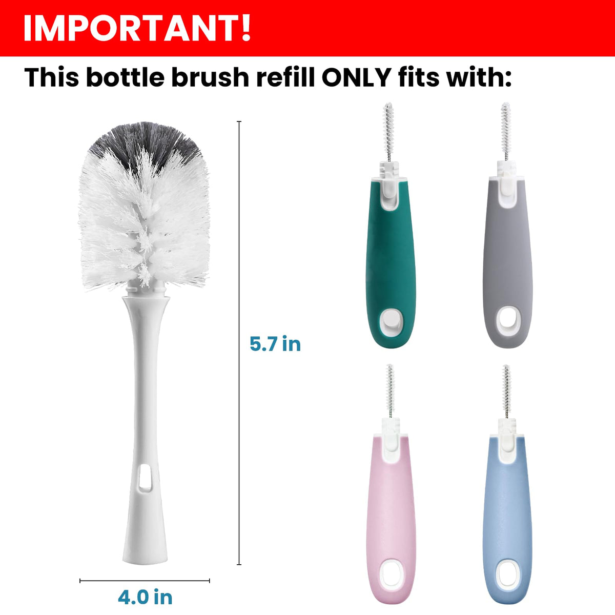 Bottle Brush Replacement Head for OXO Bottle Brush Only, 4 Pack Bottle Brush Refills, Dual Bristle Design for Baby Bottles, Water Bottles, Glasswares