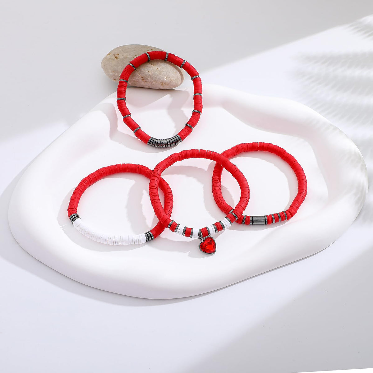GOOJIDS Red Surfer Heishi Clay Bead Bracelets for Women Bohemian Stackable Gold Beaded Stretch Bracelets Elastic Layering Friendship Bracelets Set Boho Jewelry