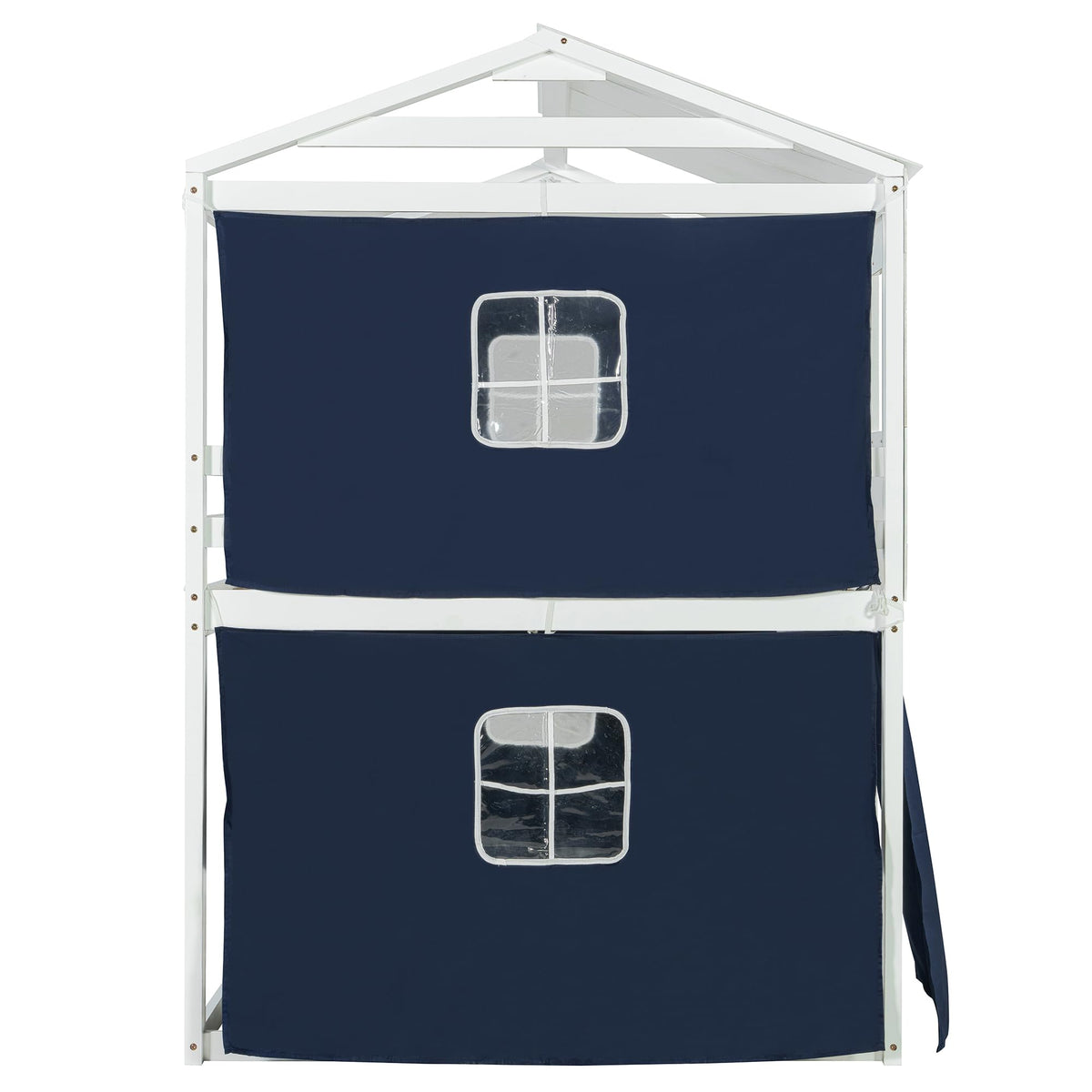 Full Over Full Bunk Bed with Tent, Wood Full Size House Bed Frame, Blue+White