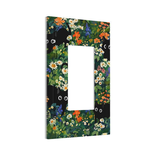 Funny Chic Cartoon Boho Cute Black Cat 1-Gang Decorator Rocker Outlet Light Switch Cover Green Floral Flower Kid Boys Vintage Decorative Single Device GFCI Receptacle Switch Wall Plate Dimmer Mid Size