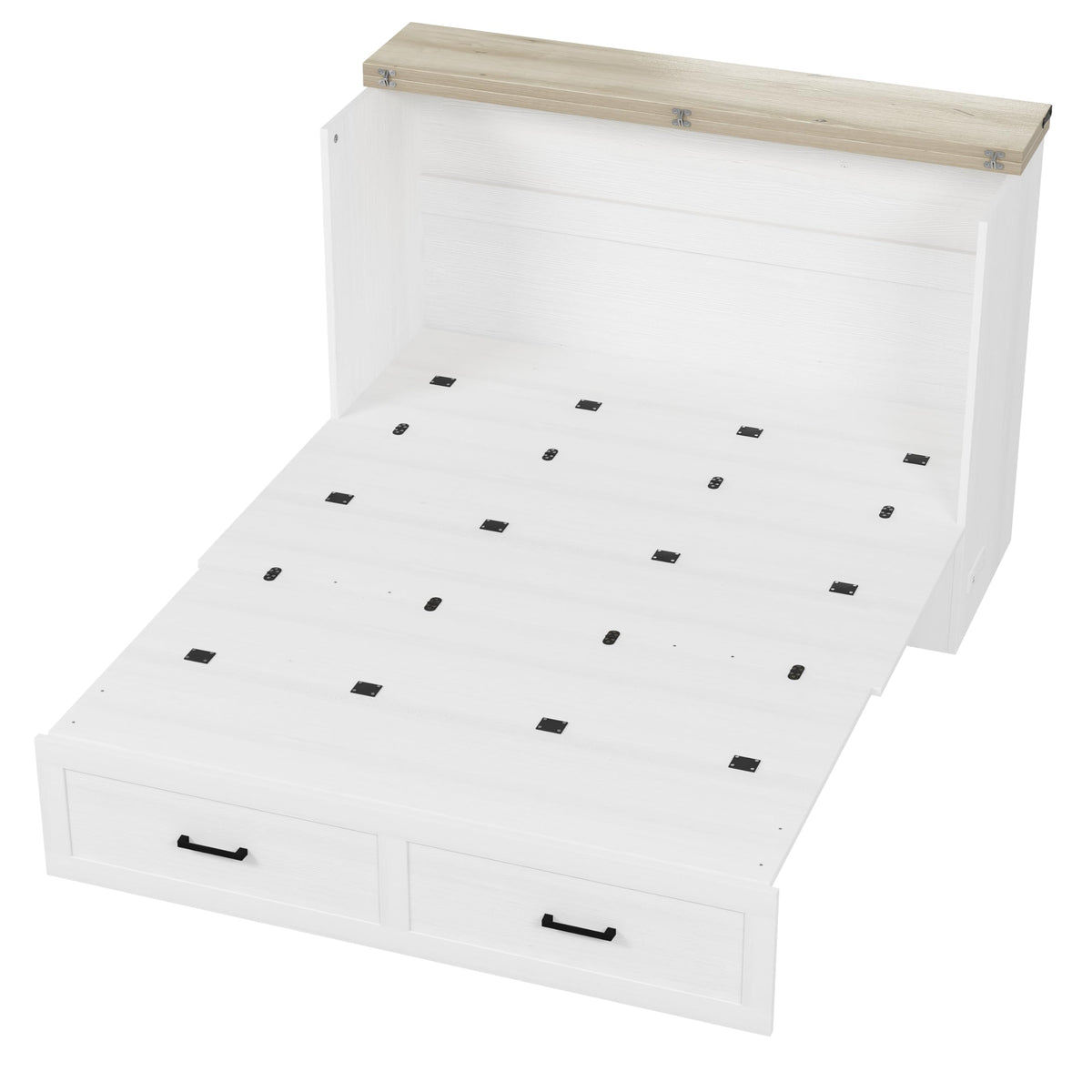 Ball & Cast Murphy Bed Queen,Farmhouse Hideaway Cabinet Bed with Charging Station and Large Storage Drawer,Foldable Wall Murphy Beds w/Slat Support,Space-Saving Furniture for Study,Office,White