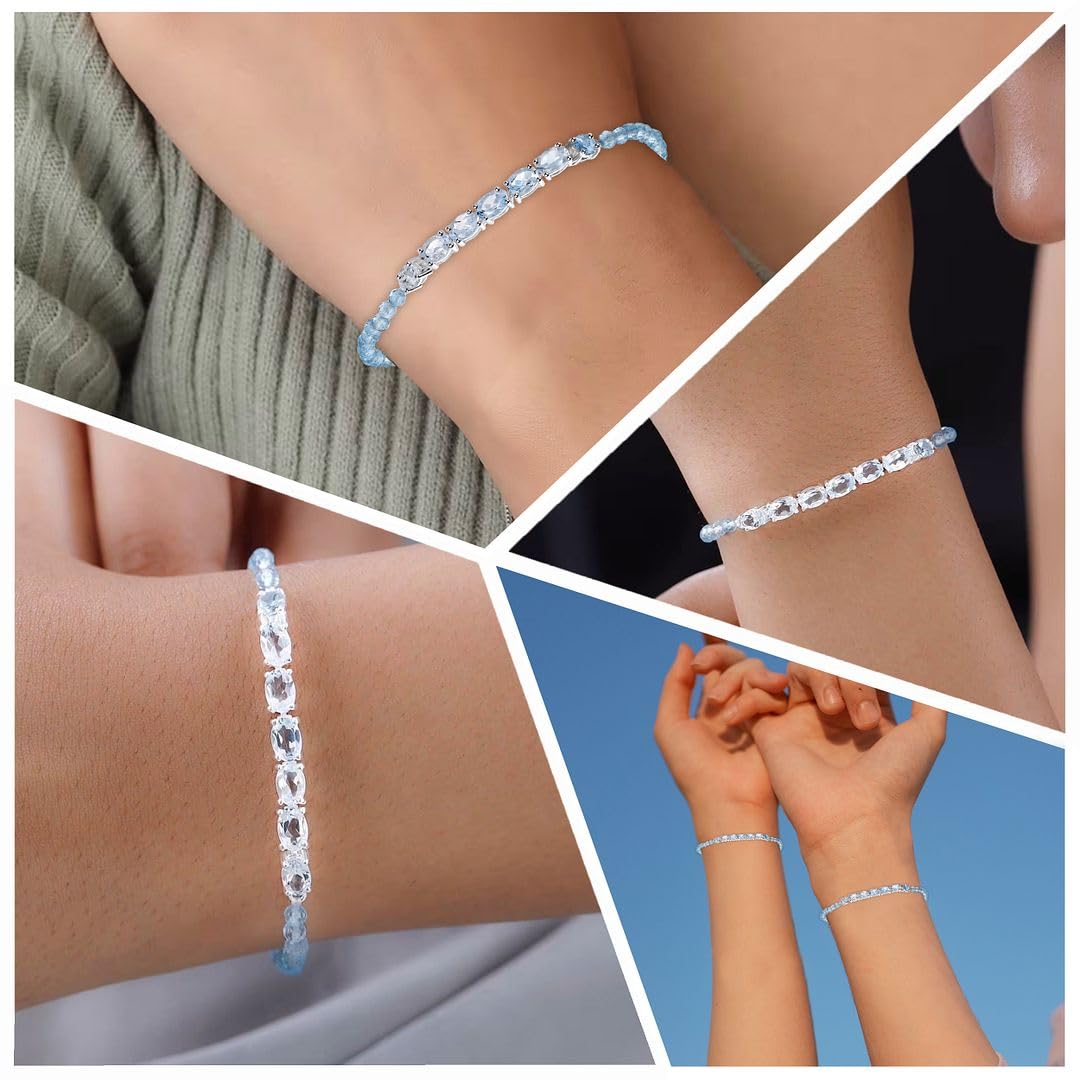 SHOP LC DELIVERING JOY Topaz Blue Bracelets for Women in Sterling Silver Blue Topaz Jewelry Birthday Christmas Gifts for Anniversary Engagement Size - 7.25 Inches
