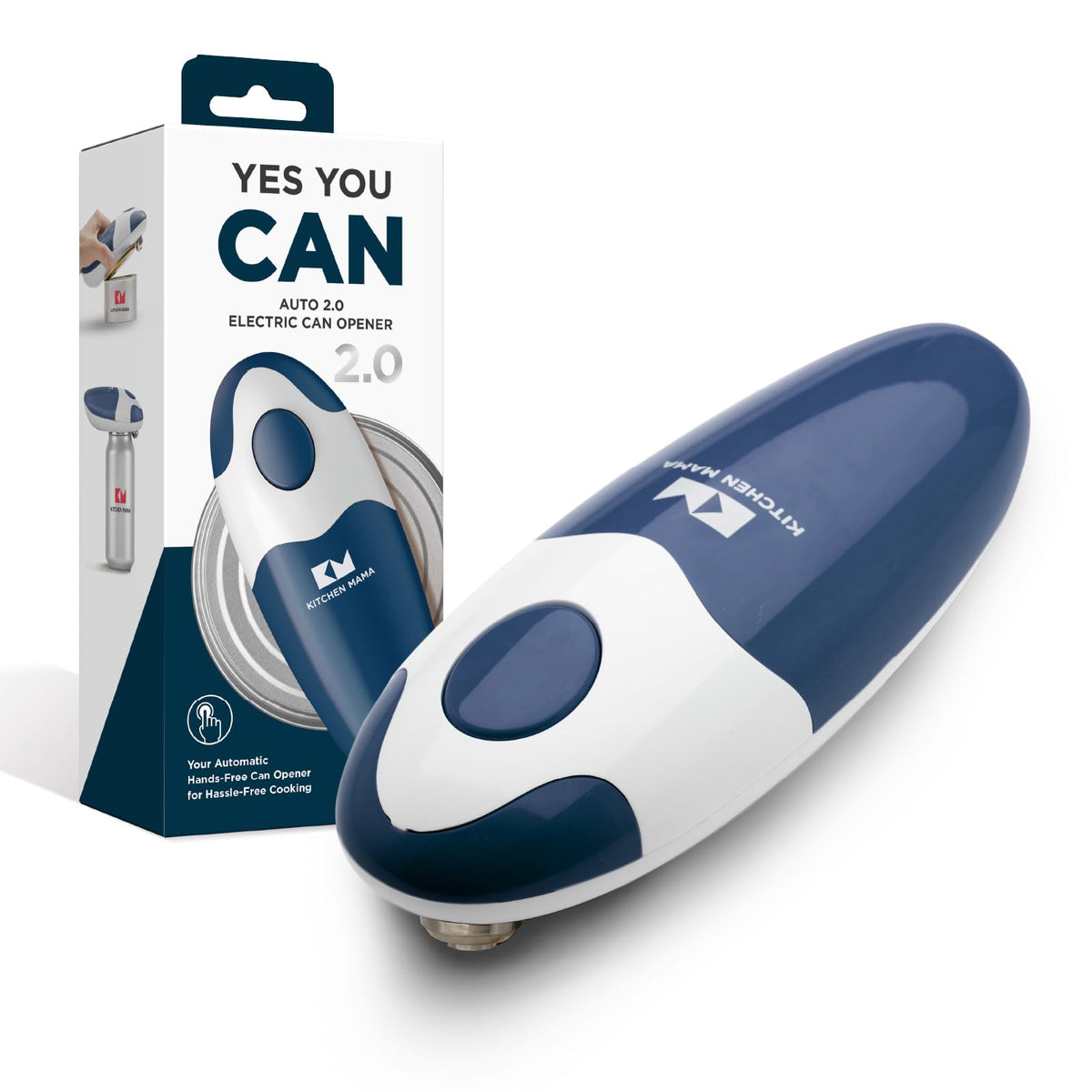 Kitchen Mama Auto 2.0 Electric Can Opener: Blade Opens Almost Any Can Pop or Soda Can - Automatic, Hands Free, Safe, Smooth Edge, Lid Remover, Battery Operated, Cordless, YES YOU CAN (Navy Blue)