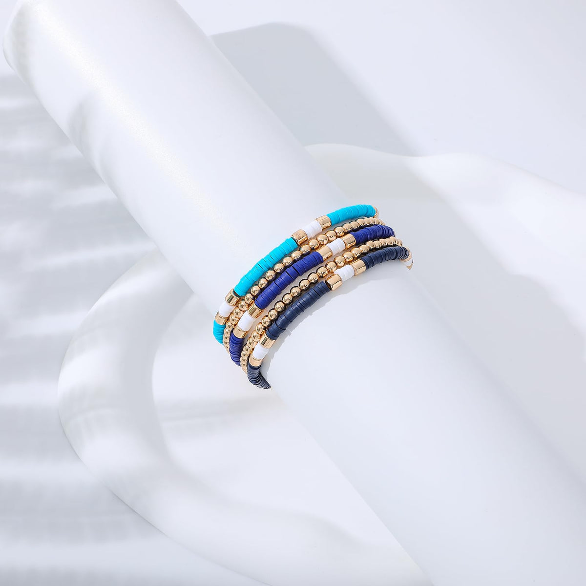 GOOJIDS Surfer Heishi Clay Bead Bracelets for Women Bohemian Stackable Gold Plated Beaded Stretch Bracelets Elastic Layering Friendship Bracelets Set Boho Jewelry