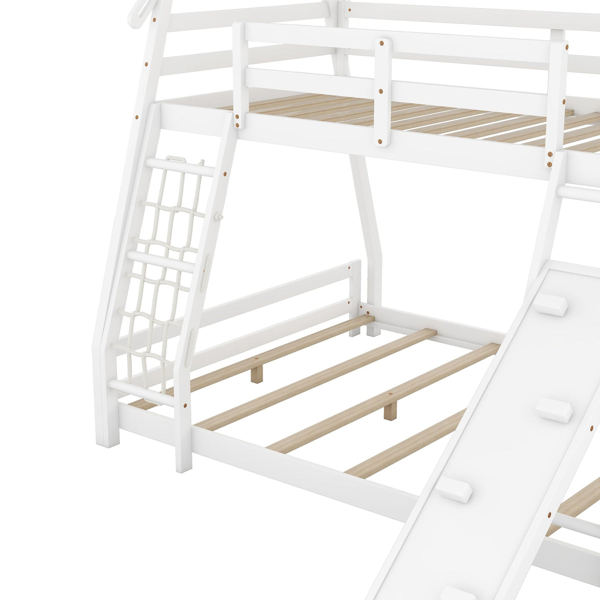 Bellemave Bunk Bed Twin Over Queen with Slides and Stairs, House Bunk Bed with Climbing Nets and Climbing Ramp for Kids, Teens, White