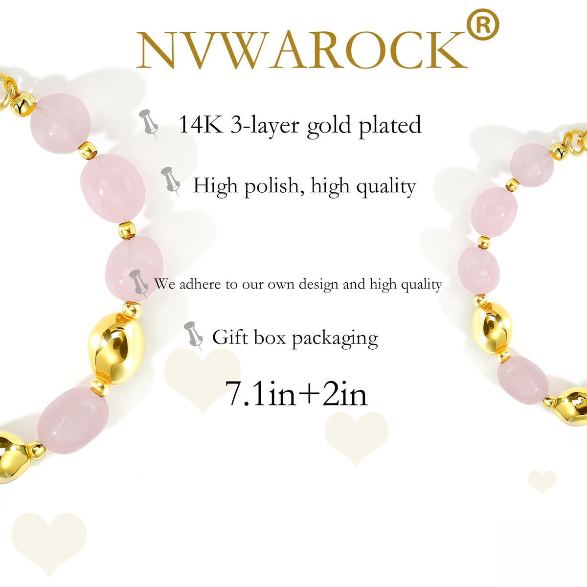 NVWAROCK Beaded Bracelet for Women, Gemstone Bracelet, 14K Gold Plated Stackable Handmade Oval Stone Bracelet Jewelry Gift - Pink