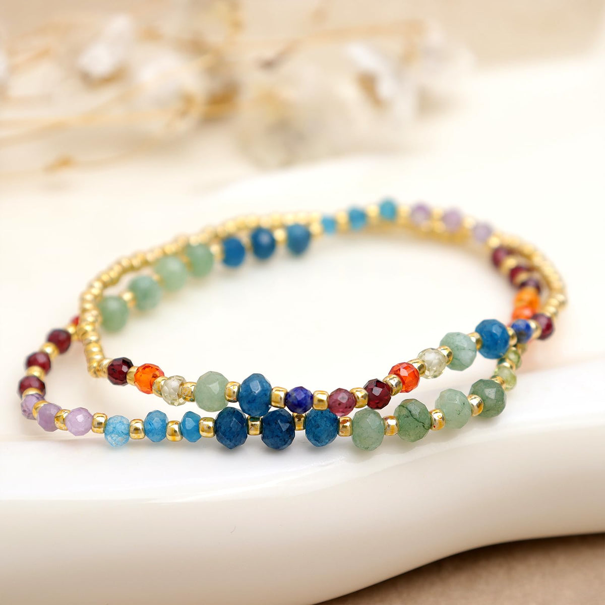 BXDA Gemstone Gold Beaded Stack Bracelets Set for Women, 2Pcs Colorful Boho Handmade Rainbow Chakra Natural Stone Stretch Stackable Bracelet Prom Holiday Jewelry Gift.
