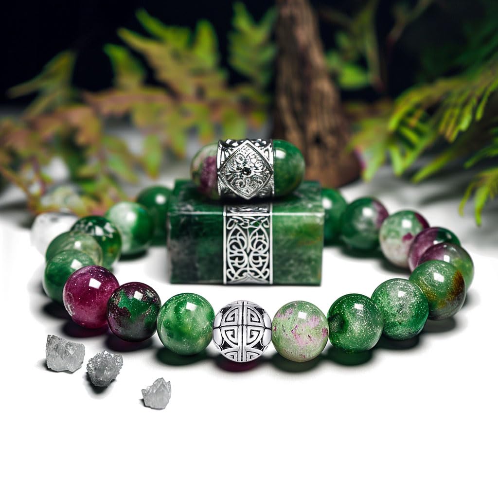 MetJakt Healing Crystals Beaded Bracelets for Womens Natural Gemstone 8mm Beads Stretch Bracelets with 925 Sterling Silver Double Happiness Pendant (Ruby Zoisite)