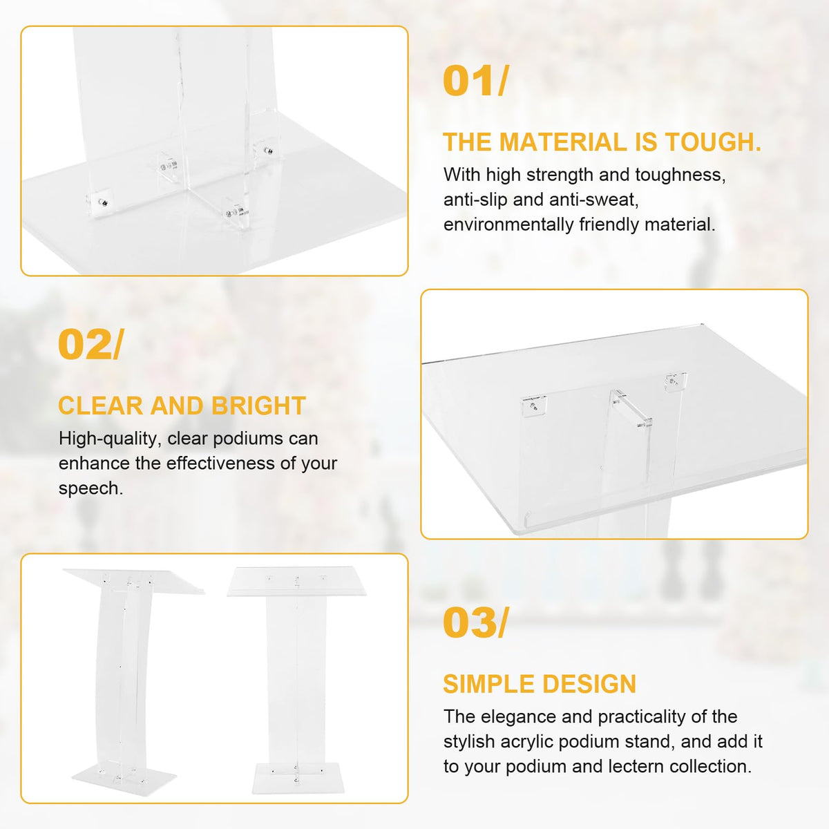 43.31 Inch Acrylic Clear Stand Up Church Pulpit Transparent Churches Lecterns Portable Hostess Stand for Classroom/Wedding/Conference/Lecture/Concert