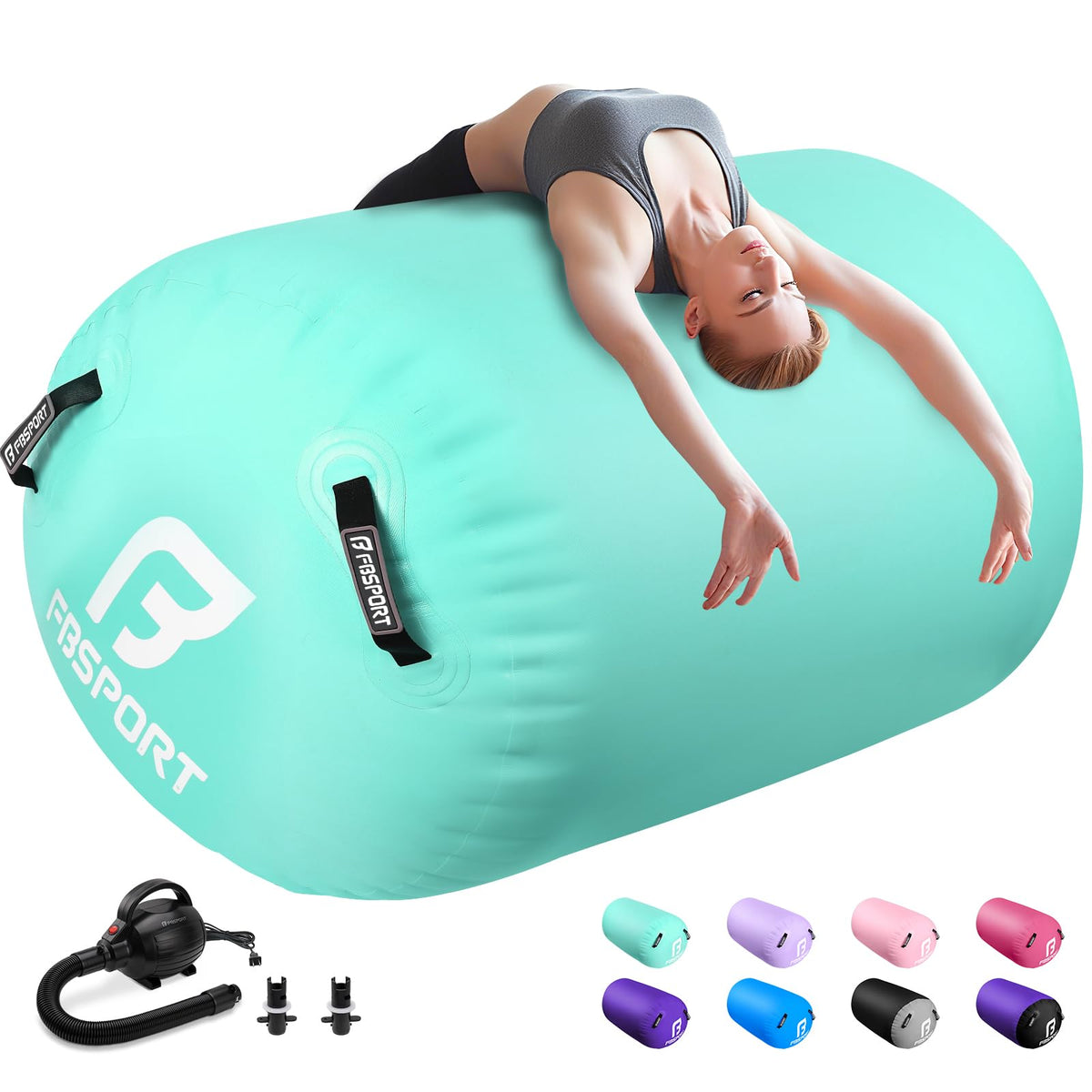 FBSPORT Air Roller Gymnastics Barrel, Inflatable Gymnastics Air Roller Inflatable Air Gymnastics Mat with Electric Pump for Yoga Cheerleading Training Home Outdoor Use (47x30inch Green)
