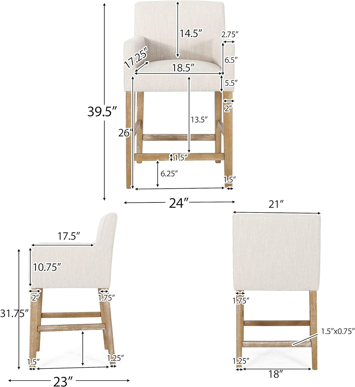 Merax 26" Fabric Upholstered Wood Counter Stools with Backrest and Armrests,Set of 2,Classic Barstools