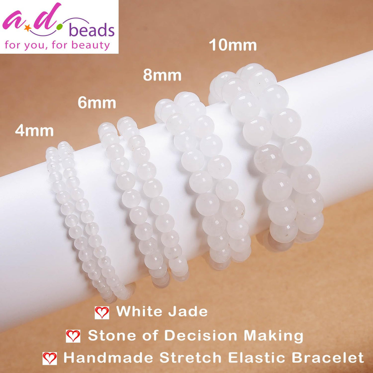 AD Beads Handmade Gemstone Stretch Elastic Bracelet Crystal Healing Reiki Nature's Beauty and Spiritual Essence Unisex (12mm, White Jade (Decision Making))