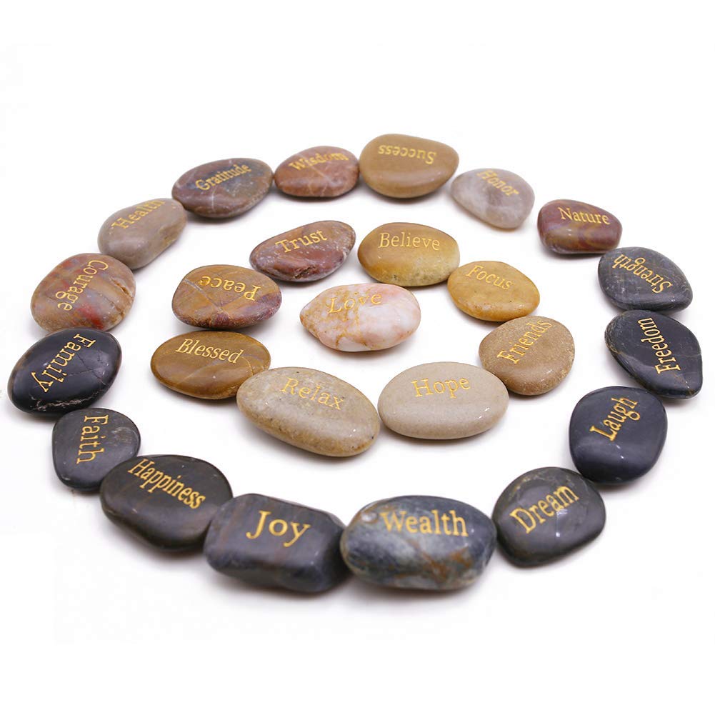 BigOtters 25PCS Inspirational Rocks - Encouragement Stones with Engraved Words for Meditation, Home Office Decor & Birthday, Gratitude Women Gifts