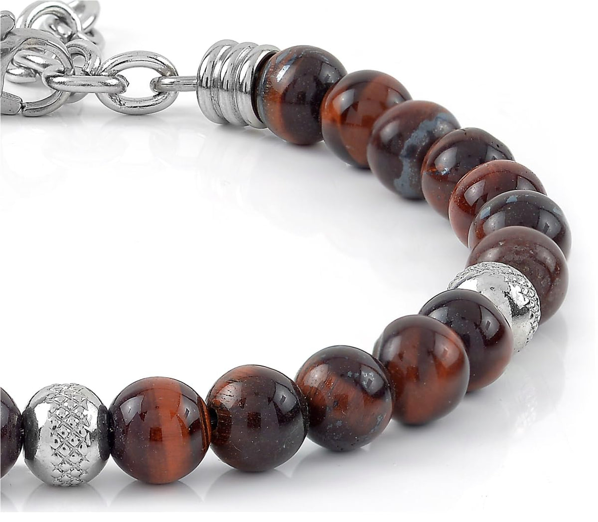 10:10 Beaded Bracelet for Men and Women – Natural Red Tiger Eye Gemstones and Stainless Steel – Adjustable & Durable & Elegant – Made in Italy