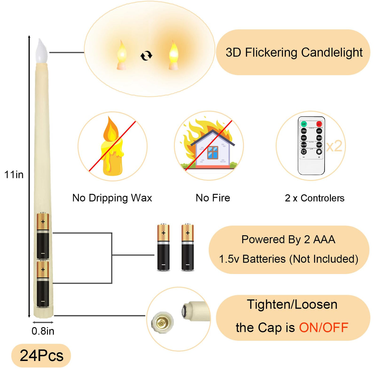 Jaoruizer 24Pcs Flameless Taper Candles,11in Battery Operated LED Taper Candles Flickering with Timer Electric Fake Candlesticks for Wedding Christmas Party, (Batteries Not Included)