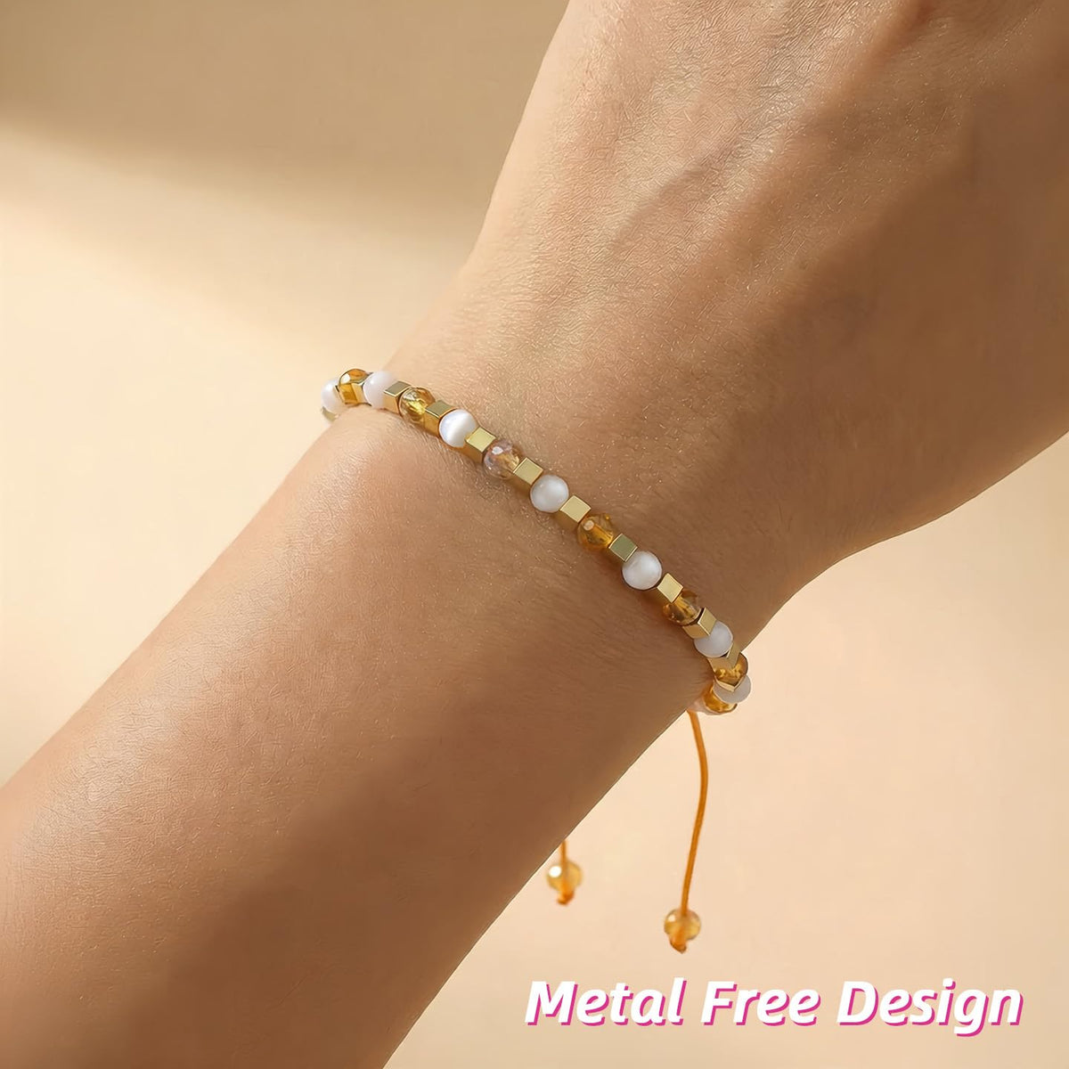 BEADSENER Sunstone Feldspar Adjustable Charming Bracelet for Women, 3mm Natural Shell Gemstone Hematite Stone Beads, Pull String Slider Metal Free Design Waterproof, Gift for Her Daily Wear
