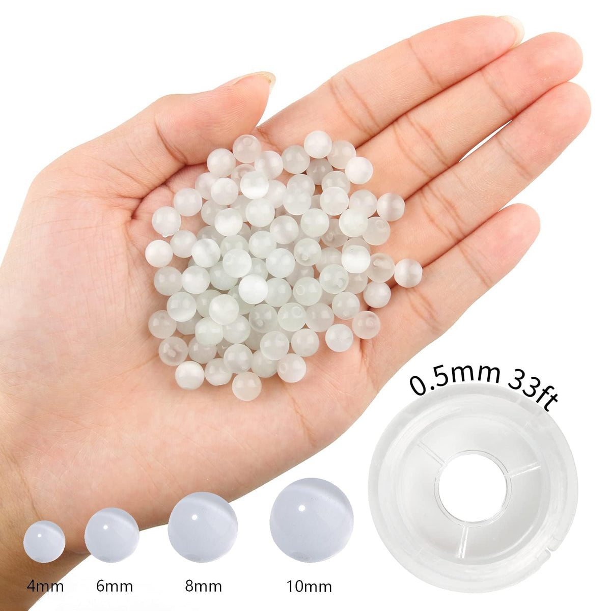 NITOPUPU 100Pcs 10mm Natural Smooth White Cat Eye Beads Round Loose Gemstone Stone Beads for Jewerly Making with Crystal Stretch Cord