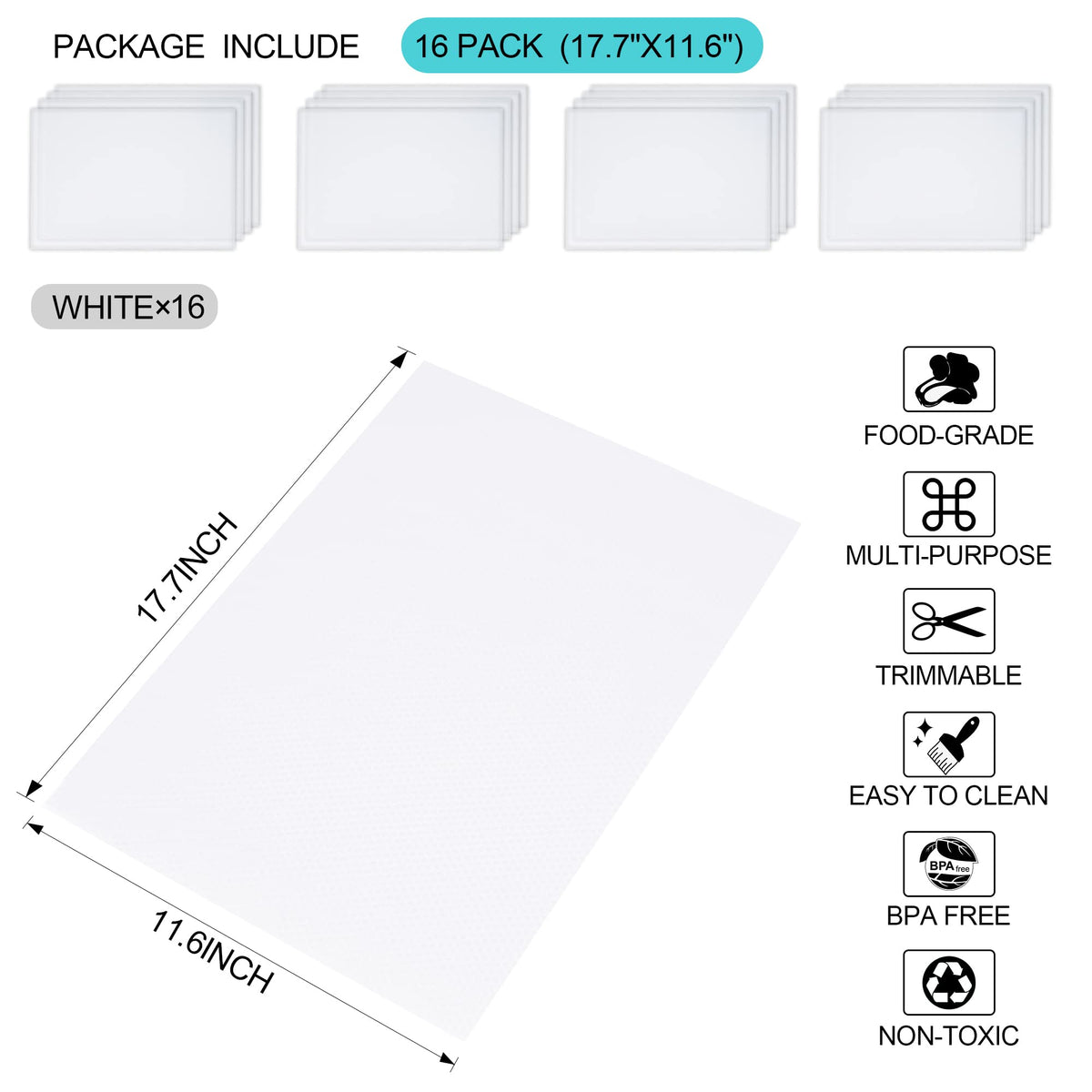 16 Pcs Refrigerator Liners Mats Washable, Refrigerator Mats Liner Waterproof Oilproof, Shinywear Fridge Liners for Shelves, Cover Pads for Freezer Glass Shelf Cupboard Cabinet Drawer (16 Clear)